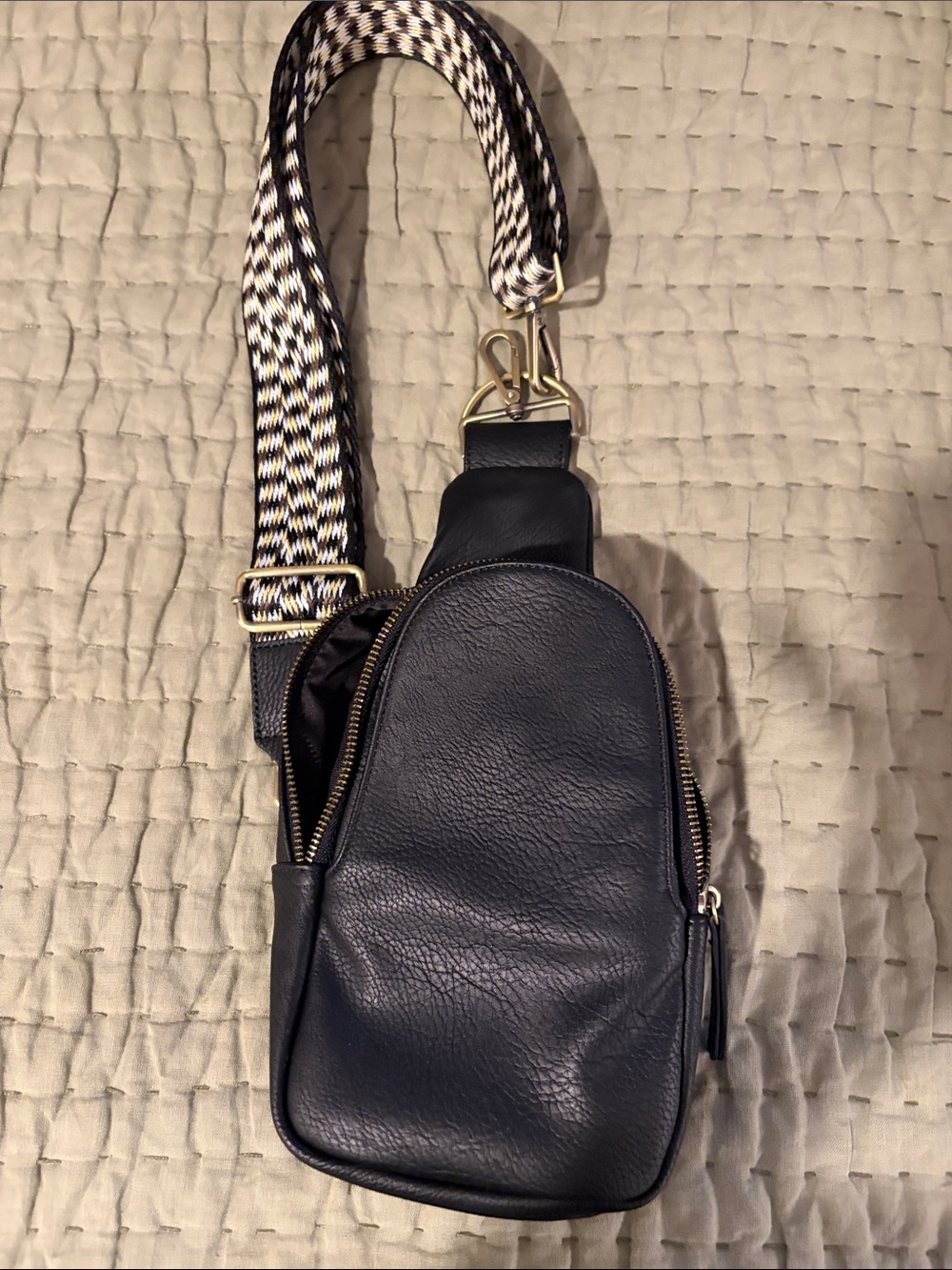 Women’s Black Leather Crossbody Sling Bag with Patterned Strap